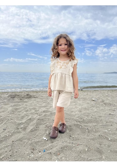 Robası Nakışlı Keten Kız Çocuk Takım Natürel Bej