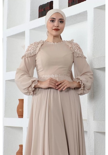 Omuz Detaylı Tesettür Abiye Elbise 727-bej Bej