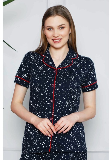 Alimer Kadın Lacivert Yıldız Desenli Kısa Kol Pijama Tkm 2536kk-l Lacivert