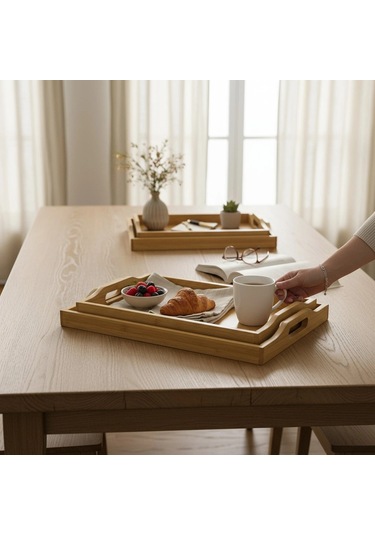 Mybru Dikdörtgen Bambu Tepsi 3'lü Set Ahşap