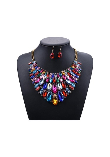 Yayın Aksesuarları, Moda Elmas Renkli Mücevher Kolye Küpe Seti, Aksesuarlar Siyah