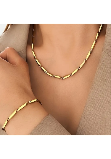 Gold Küp Model Unisex Kararmaz Yüksek Kalite Çelik Kolye&bileklik Gold