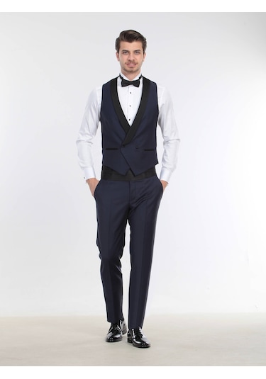 Kip Saks Fitted Fit Şal Yaka Klasik Yelek Saks