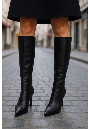 Diz Altı Streç Kadın Topuklu Çizme Siyah