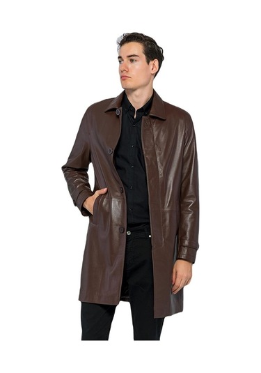 Basics&more Erkek Hakiki Deri Uzun Ceket - French 001