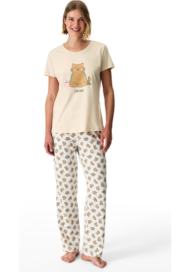 Penti Slow Today Pamuklu Pantolon Pijama Takımı Pastel Bej