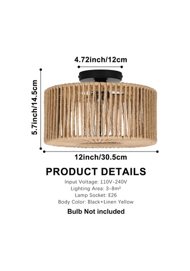 Neoglint E26 Rattan Dokuma Işık Fikstür Yarı Gömme Siyah & Keten Sarısı Diğer