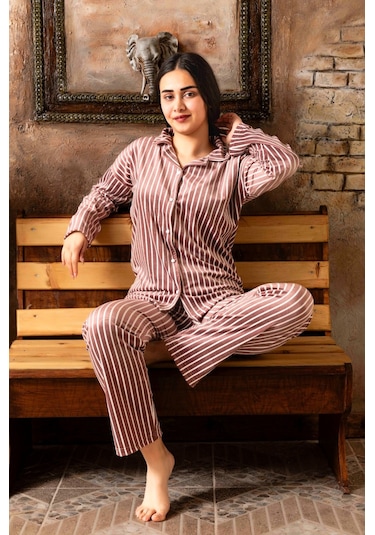 Lukitus Kadife Gömlek Yaka Kadın Pijama Takımı Pembe