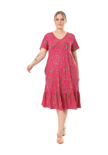 Melsay Butik Göğüsten Robalı V Yaka Kısa Kollu Pembe Çiçek Desenli Cepli Elbise Pembe