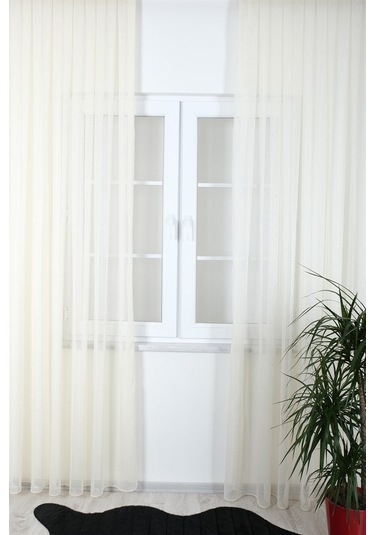 Damla Keten Görünümlü Leno Tül Perde Pilesiz Krem - Krem