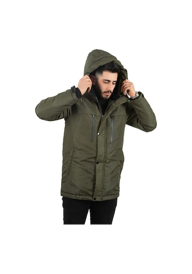 Erkek Polarlı Su Ve Rüzgar Geçirmez Kapüşonlu Kışlık Mont & Kaban & Parka Haki