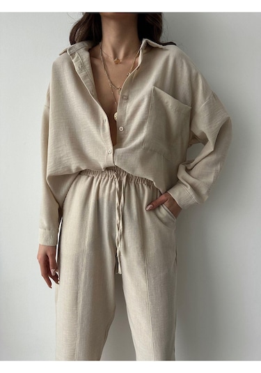 Kadın Oversize Keten Gömlek Pantolon Alt Üst Takım Bej