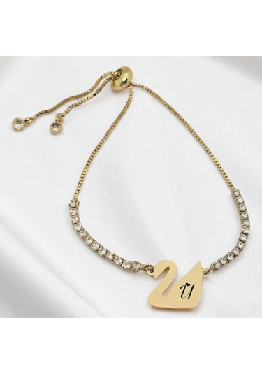 Archin U Harfine Özel Beyaz Taş Detaylı Kuğu Kuşu Motifli 14 Ayar Altın Plakalı Hediye Bileklik-601harf U