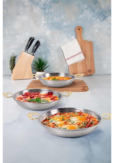 Bakır Görünümlü Çelik Sahan Seti Omlet Yumurta Tavası 3 Lü 19/21/23 Cm