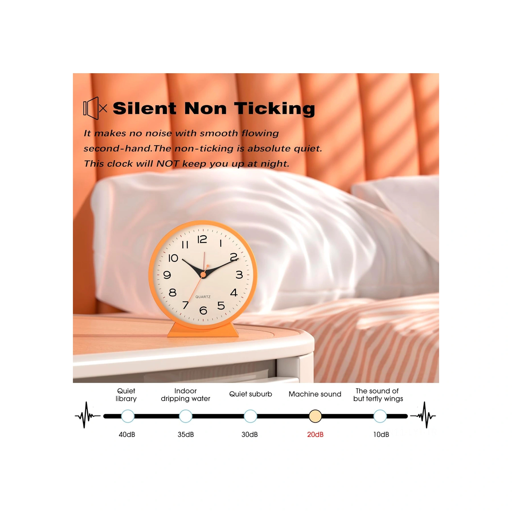 Youtek 4.5 İnç Retro Metal Alarm Saat - Gece Işıklı, Sessiz Kuartz Hareketli - Odalar İçin Dekoratif Masa Saati Turuncu 9062 Turuncu