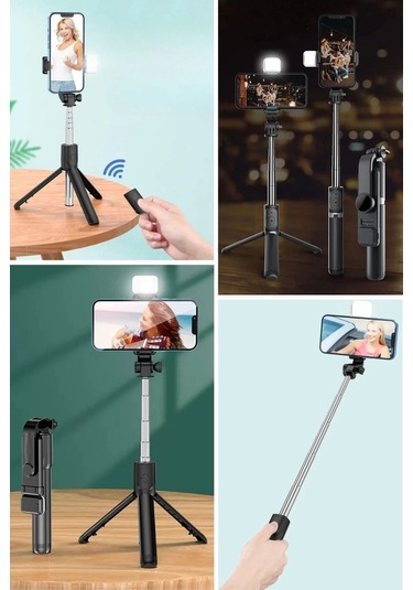 Buffer Kendiliğinden Işıklı Masaüstü Tripod Olabilen Telefon Tutuculu Kablosuz Kumandalı Selfie Çub