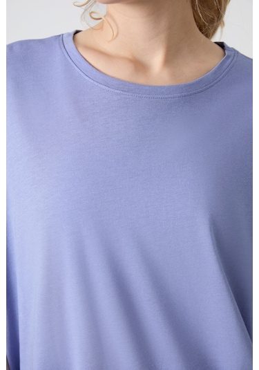 Tommy Life Açık Eflatun Penye Modal Yumuşak Tuşeli Oversize Fit Basic Kadın T-shirt- 97285 Eflatun