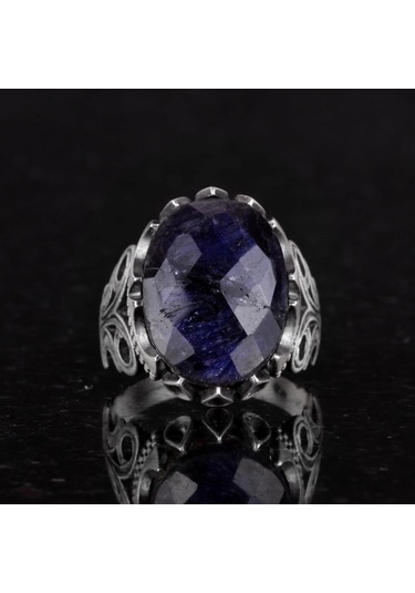 925 Ayar Gümüş Erkek Yüzük - Farklı Yaratılmış Taş Seçenekleri İle Siyah Safir Yaratılmış Taş Gümüş