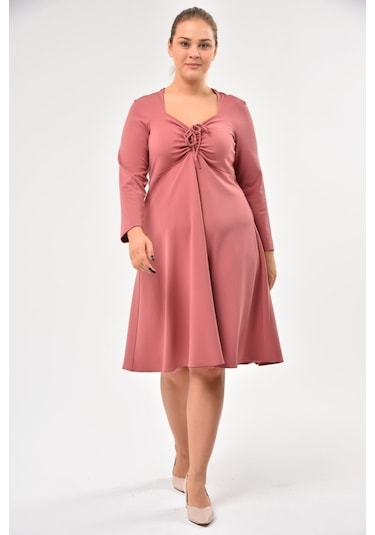 Scuba Göğsü Bağlama Detaylı Uzun Kol Mevsimlik Midi Boy Elbise 001