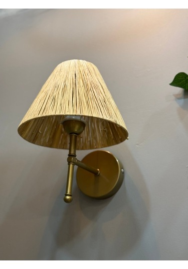 Rafya Saçaksız Bohem Hasır El Yapımı E27 Ampül Kablolu Aplik - Alt Eskitme Gold Natural