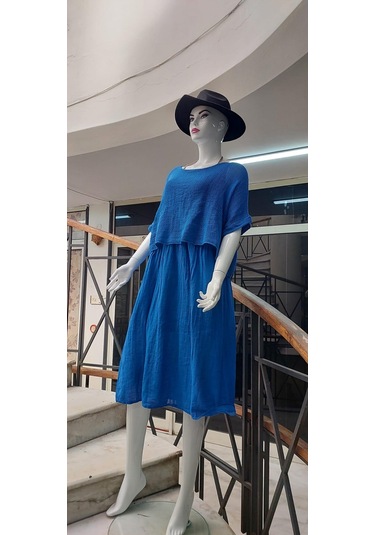 İtalyan Müslin Keteni Üstü File Bluzlu Astarlı Tek Parça Elbise Saks Mavisi