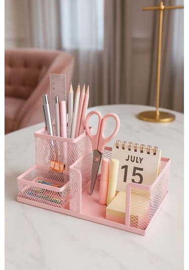 Need Nd-1033 Metal Mesh Masaüstü Organizer 3 Bölmeli, Çok Amaçlı Düzenleyici Pembe