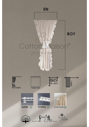 Fırfırlı Keten Perde Tek Kanat Romantik Volanlı Bağlamalı Krem