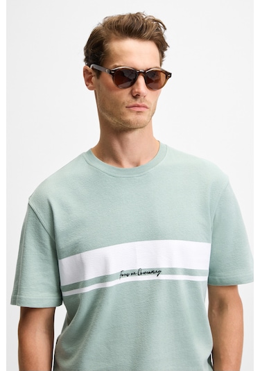 LAMINE Erkek Baskı Ve Nakış Detaylı %100 Organik Pamuk Bisiklet Yaka Kısa Kollu Regular Fit Yeşil T-