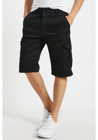 Erkek Lacivert Renk Kargo Yandan Cepli Esnek Kumaş Slim Fit Kapri Şort Siyah