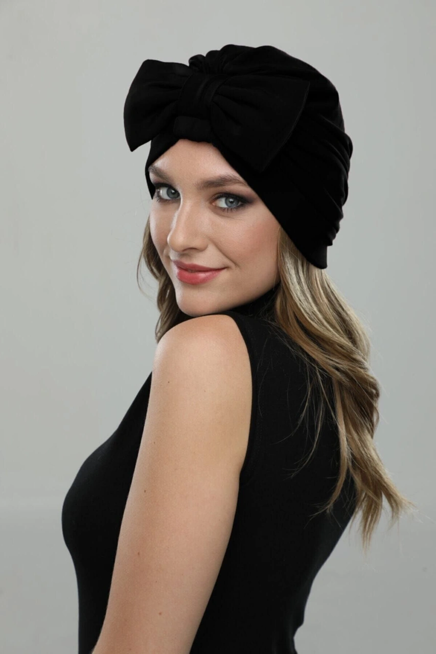 Fiyonklu Siyah Hazır Türban Tesettür Havuz Bonesi Siyah