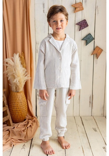 Oliventhekid Griy Çizgili Müslin Kargo Pantolon Griy Gri