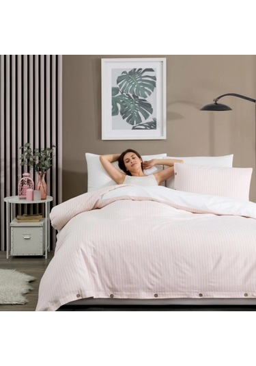 Çift Kişilik %100 Pamuk Ranforce Düğmeli Nevresim Takımı Lastikli Çarşaflı 200x220 Cm Krem Krem