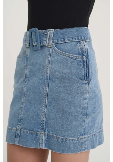 Açık Mavi Yüksek Bel Kemer Detaylı Jean Etek C 4532-034 Açık Mavi
