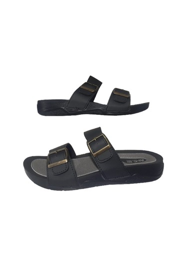 Alc Eren Erkek Siyah Çift Tokalı Ortopedik Taban Günlük Terlik Siyah