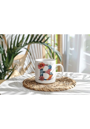 B Harfli Retro Çiçekli Kupa Bardak - Patchwork Tarz Yamalı Desenli İsme Özel Kupa - Hediye Beyaz