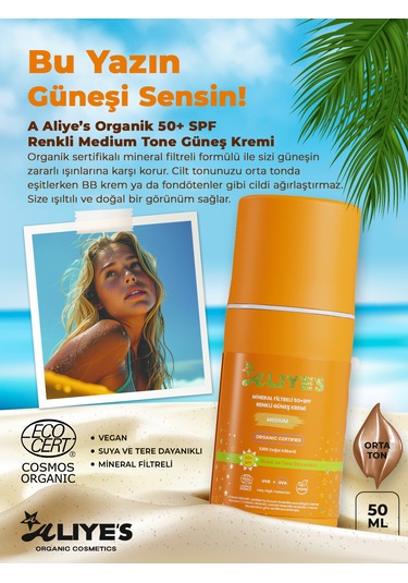 A Aliye's Mineral Filtreli Spf 50+ Renkli Organik Güneş Kremi Orta Ton 50 ML