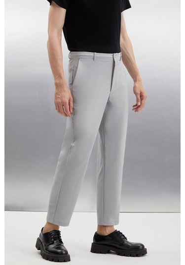 Vassel Erkek 360 Derece Esneyen Teknik Kumaşlı Fermuarlı Kordonlu Boru Paça Gri Pantolon