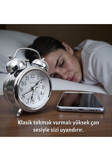 Upway Çanlı Tokmaklı Yüksek Zil Sesli Gümüş Metal Kasalı Işıklı Nostaljik Retro Çalar Saat Gümüş