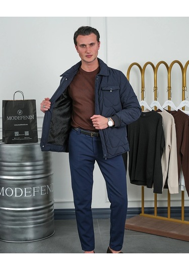 Modefendi Slim Fit Baklava Desen Torba Cep Dolum Elyaf Mont Lacivert