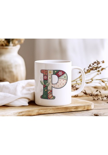 P Harfi Yılbaşı Temalı Kupa Bardak - Yeni Yıl Konsept Yamalı Efekt Tasarım - Noel Hediye Beyaz