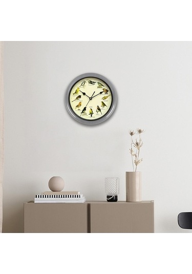 Pazly Suntek Ses Saati Pille Müzikal Kuşlar Gri-25cm Gri Duvar Çalışan 25cm Bz Çok Renkli