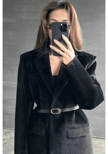 Premium Kalite Tay Tüyü Blazer Siyah