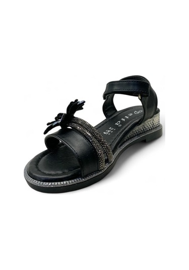 611 Kız Çocuk Çiçek Taşlı Sandalet Siyah