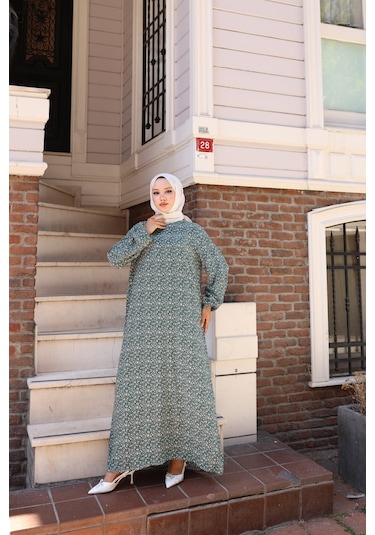 Çiçek Desenli Viskon Elbise - Yeşil / E0128 Yeşil