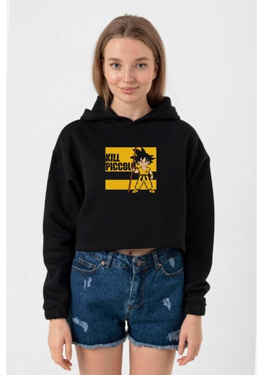 Dragon Ball Z Anime Kill Piccolo Siyah Kadın Crop Kapşonlu 001