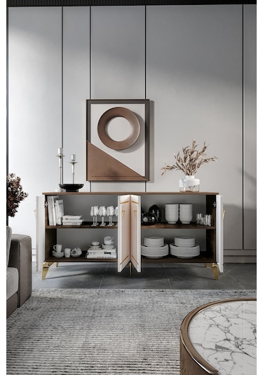 KLAS KONSOL MDF MEBRAN KAPAK CEVİZ KREM GOLD