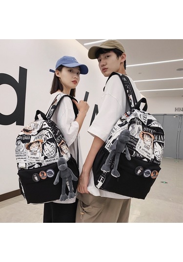 Lemestar Erkek Kız Üniversite Ortaokul Çanta, One Piece Kartoon Desenli, Ins Stilinde Geniş Hacimli, Outdoor Seyahat Sırt Çantası Siyah + Gri Kurbağa Askılımlı Siyah