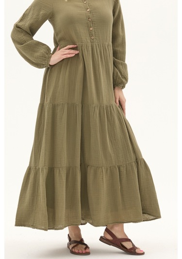 Uzun Kol Haki Düğmeli Yazlık Uzun Müslin Elbise
