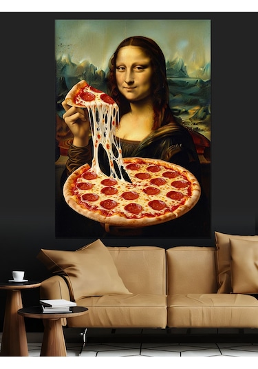 Pizza Yiyen Mona Lisa Portresi Dekoratif Kanvas - Mdf Ahşap Tablo