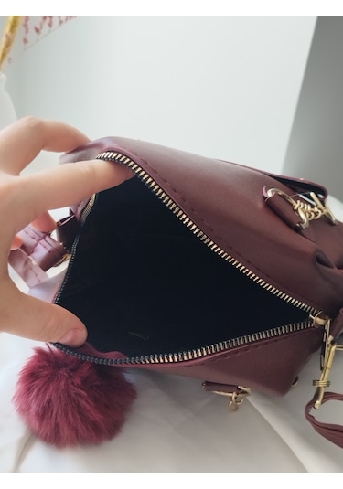 Vivazzaluxe Mini Boy Deri Puf Charm Detaylı El Omuz Ve Çapraz Çanta Bordo